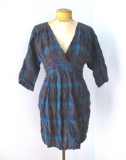 Urban Outfitters blue gray plaid gauzy cotton v-plunge crossbody ruched dress 8