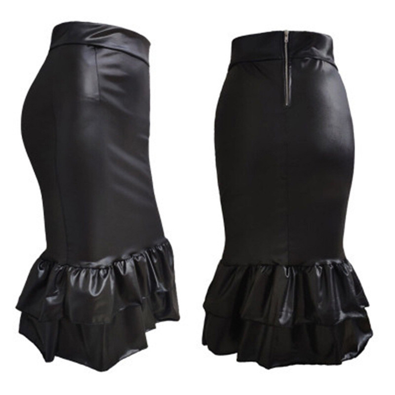 Women Faux Leather PU Fishtail Ruffle Layered Long Skirt Wet Look Party