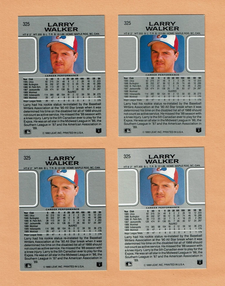 1990 Leaf 325 Larry Walker Montreal Expos Rookie Card Lot (4), NM-MT or Better - Image 2 of 2