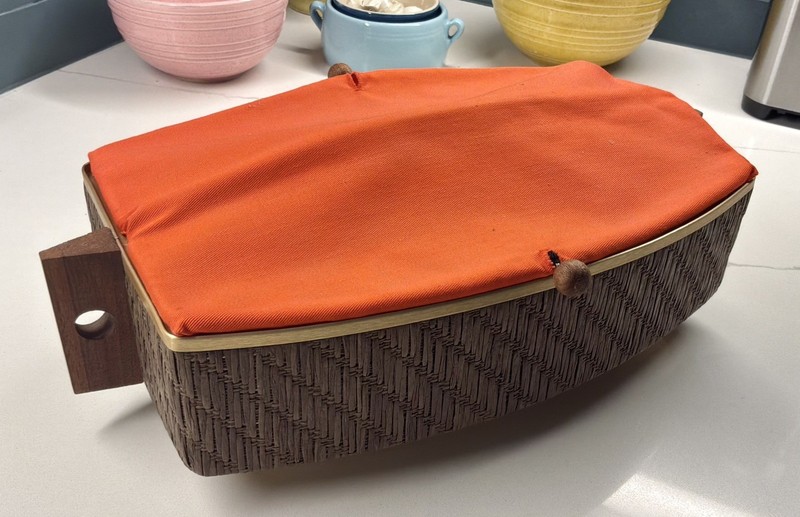 Vintage Salton Warming  Hotray  Orange Fabric Cover with Wood Handles  MCM