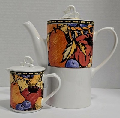 VTG Gibson Designs Cornucopia Fruit Pattern Teapot and Creamer Set Bone China EC