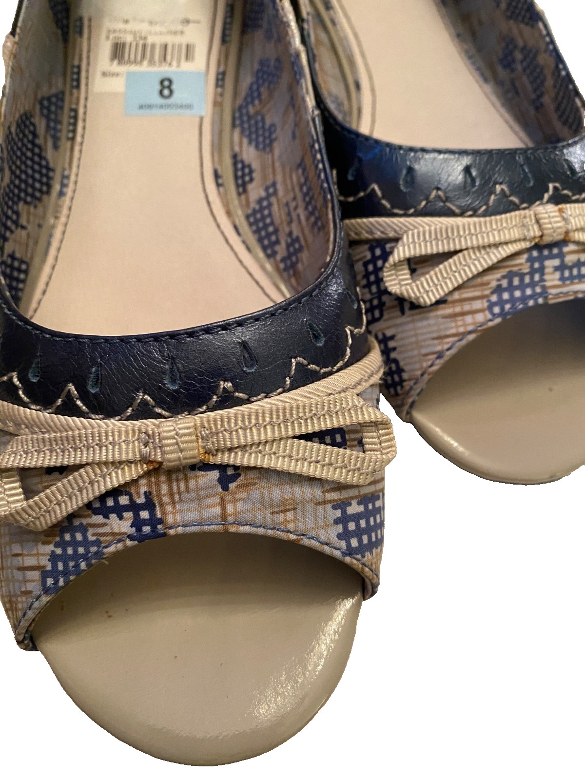 Women's Flats Sz 8 Bobbi Blu Kassidy Leather Peep Toe Blue Patchwork Bows NEW