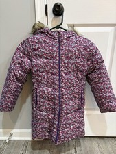 Lands' End Girls Floral Puffer Coat Hooded Fur Trim Purple Pink White M 5-6