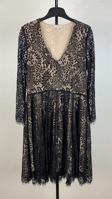 FROGBOX Damen Gr. 36 Kleid Spitze schwarz beige langarm Blumen Paisley 0C2
