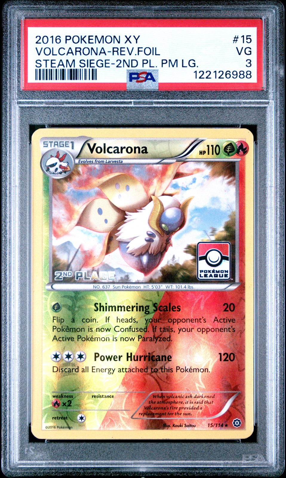 2016 POKEMON XY STEAM SIEGE #15 VOLCARONA-REVERSE FOIL PSA 3