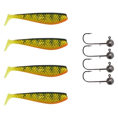 4X Fox Rage Lucioperca Pro Shad + 4X Pamchion Jig Heads Set 8 Piece Natural Perch