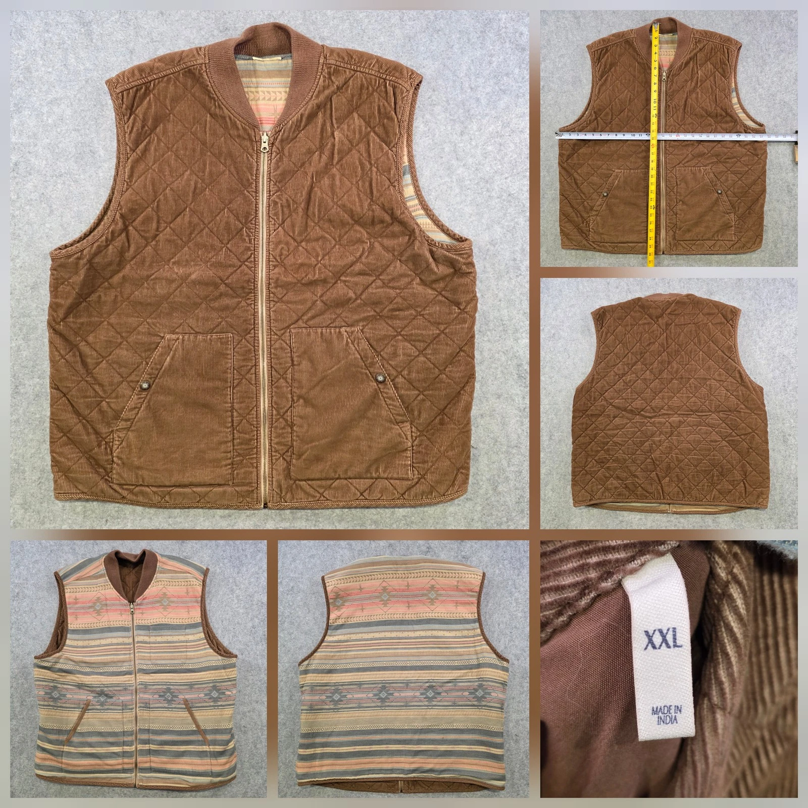 Faherty Vest Mens 2XL Brown Corduroy Quilted Reversible Southwestern Striped