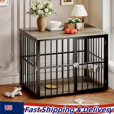 43inch Dog Kennel Pet Cage Furniture with Double Doors  Adjustable Bowls Indoor