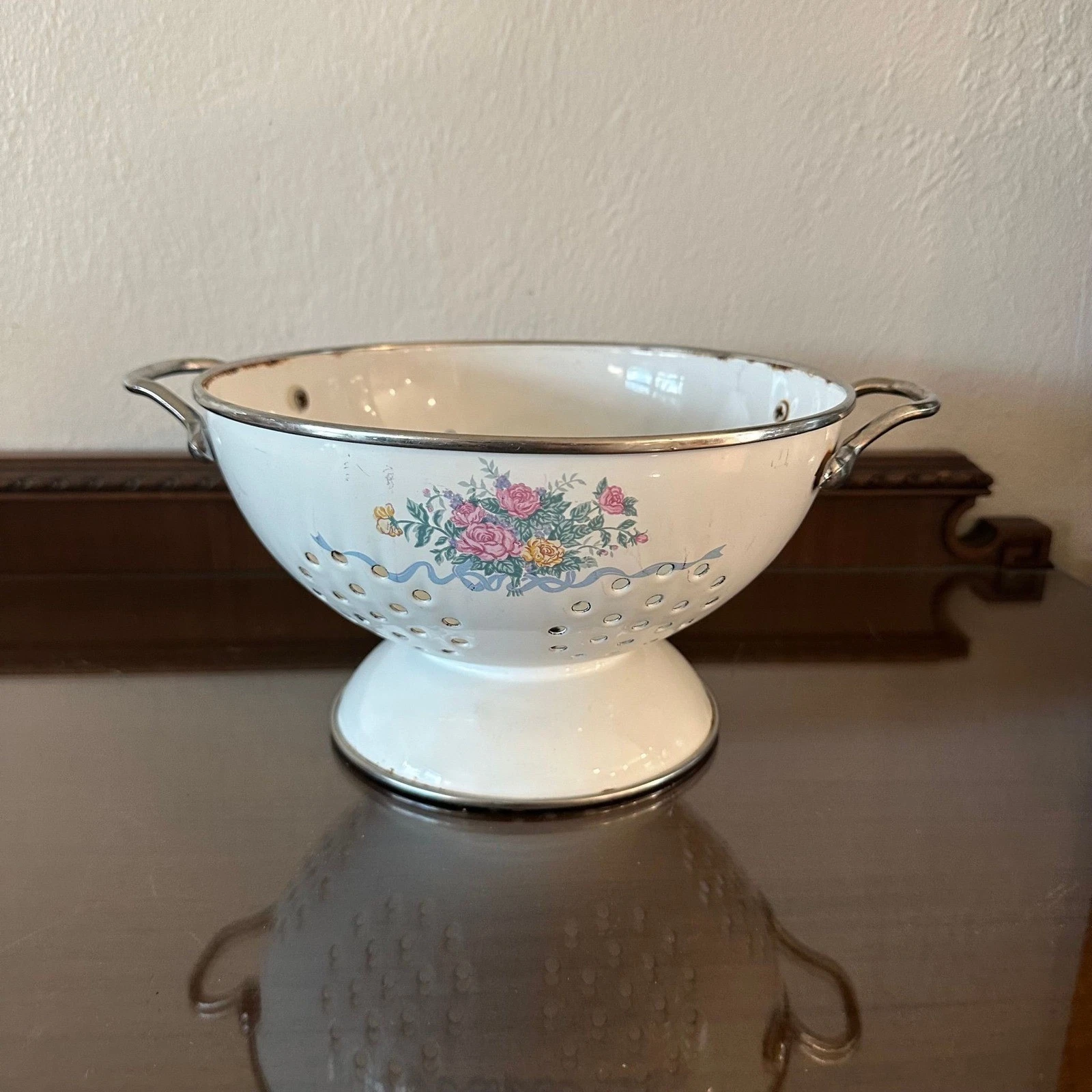 Vintage Floral Enamelware Colander White Footed Strainer w/ Handles Cottagecore