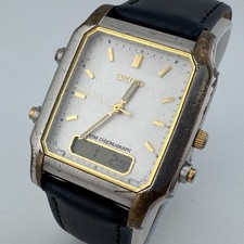 Seiko Analog Digital Quartz Watch V072-5059 Men Silver Rectangle  Stuck Buttons