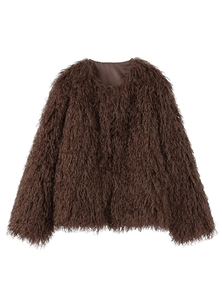 Fashion Brown Fluffy Faux Fur Jacket Women Lapel Long Sleeve Loose Warm Coat