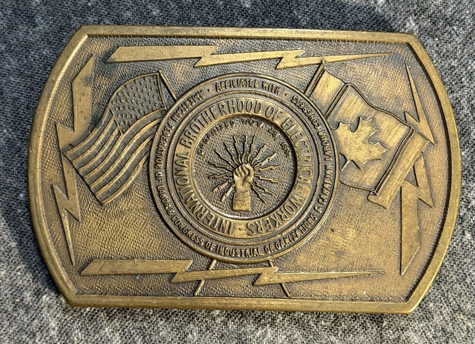 VTG IBEW Brass Belt Buckle Iconic Logo USA Canadian Flags - product detail image 1