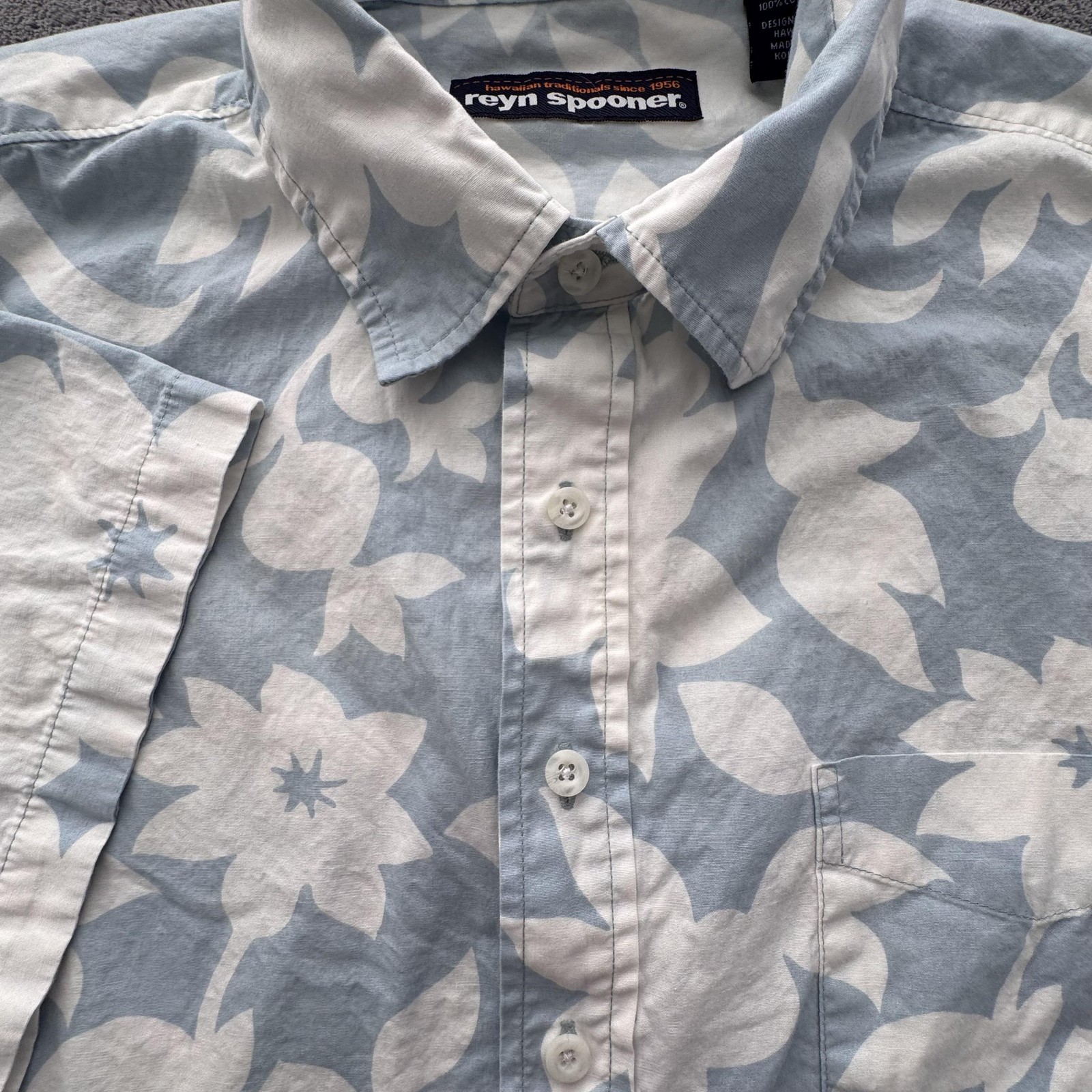Reyn Spooner Shirt Mens XL Blue White Floral Hawaiian Aloha Button Front Cotton