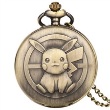 Retro Pocket Watch with Cartoon Pattern Necklace Chain Quartz Movement Timepiece