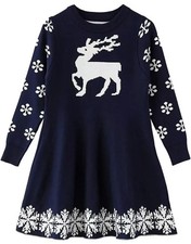 Christmas Nordic Reindeer Sweater Dress Snowflake Holiday Winter Navy Girl’s 7-8