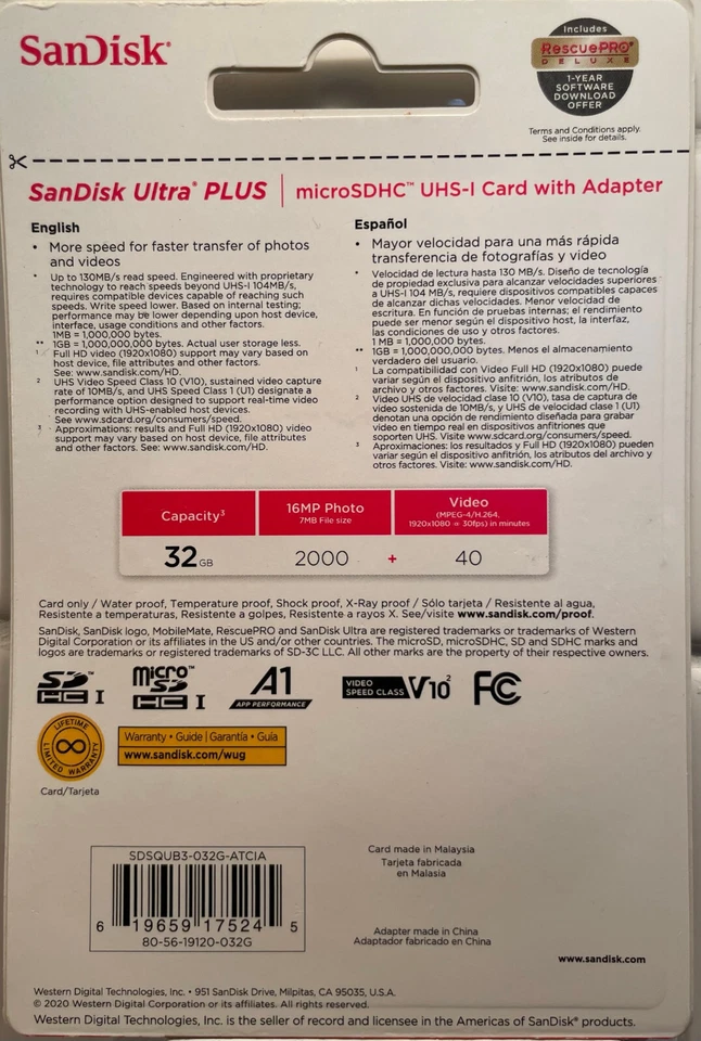 Sandisk Ultra Plus Micro SDHC UHS-1 Card with Adapter 32GB - Image 2 of 2