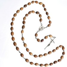 Catholic Olive Wood Rosary Holy Soil Jerusalem Silver Tone Chain 21" Italy