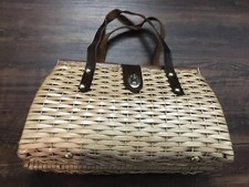 Vintage Wicker Handbag Leather Handles Hand Made British Hong Kong Purse