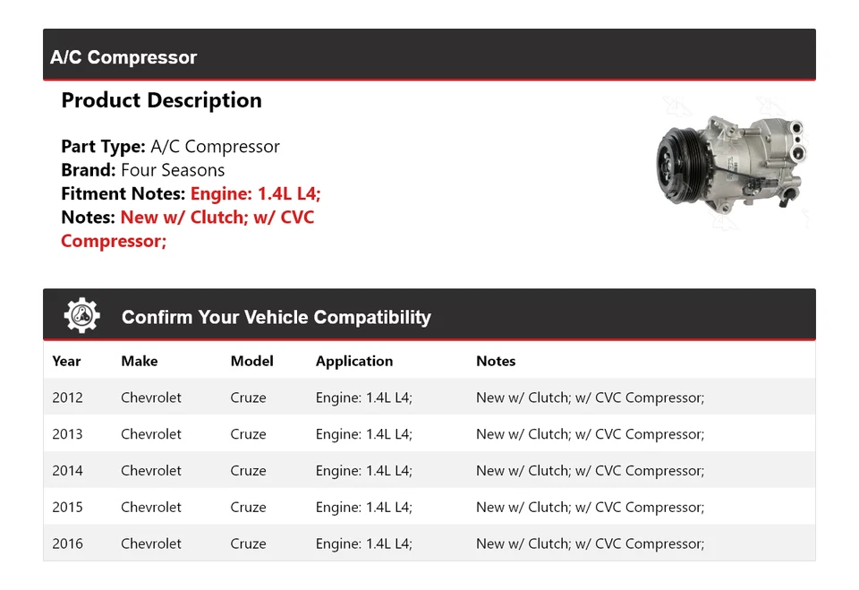 Compresor de aire acondicionado para Chevrolet Cruze 2012-2016 1,4 L L4 4 estaciones 2013 2014 2015 Foto 2 de 4