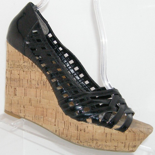 Jessica Simpson black patent leather perforated cork wedge platform