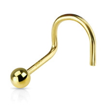20G SOLID 14K KARAT YELLOW GOLD 2MM BALL NOSE SCREW BEND RING NOSTRIL STUD