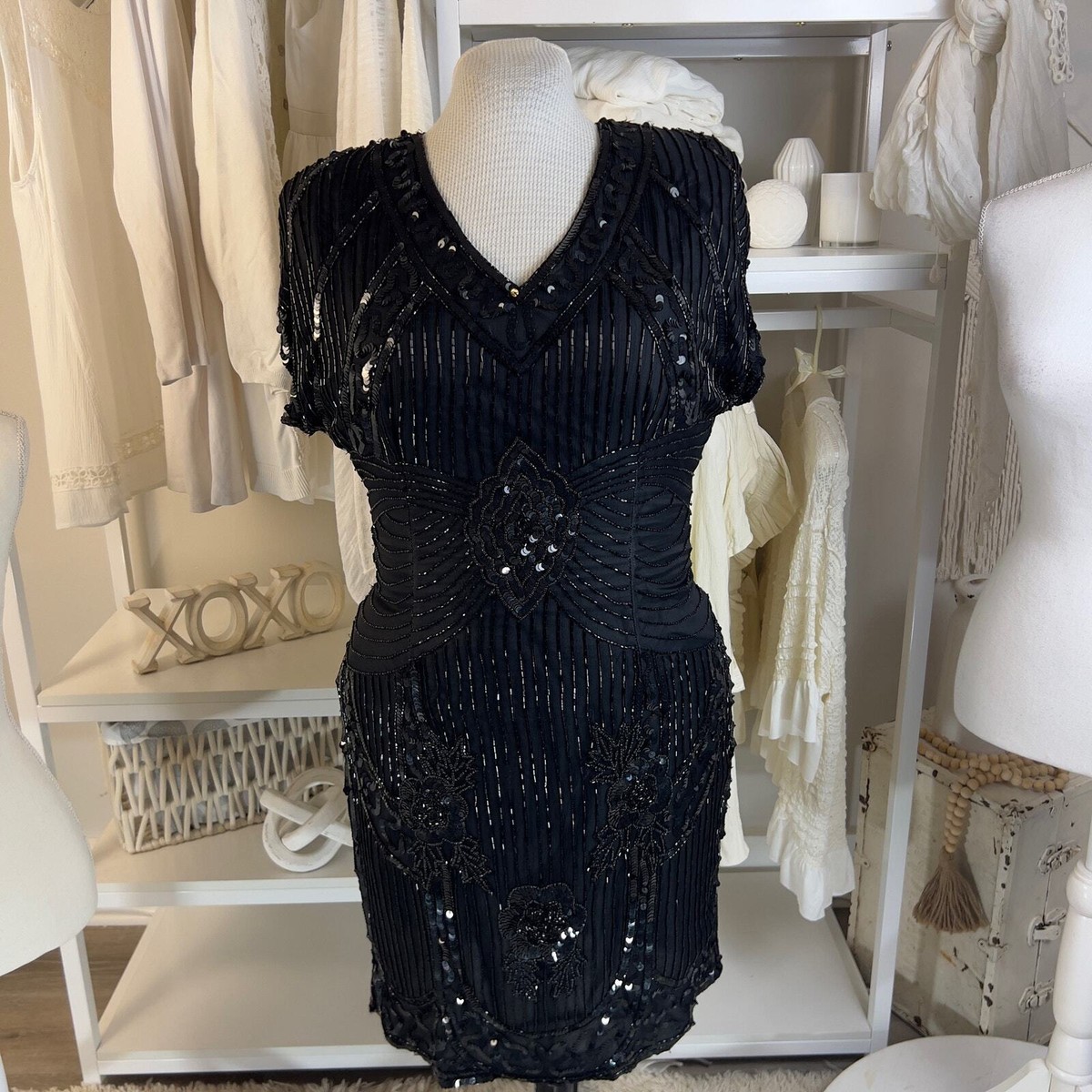 stenay evening dress Vintage 1980s Stenay Black Silk Beaded Sequin Cocktail Dress Blue Art Deco 8