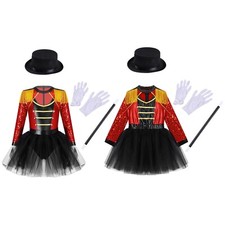 Kids Tassel Shoulder Dress Mesh Tutu Leotard Girls With Hat Circus Costume Set