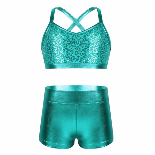 Girls 2Pcs Sequins Mermaid Ballet Dance Tankini Outfit Tank Top Booty Shorts - Picture 80 of 113