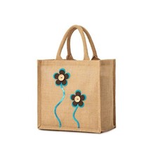 Jute Hessian Burlap Natural Tote Lunch / Shopping Bag - Decorated Flower Design