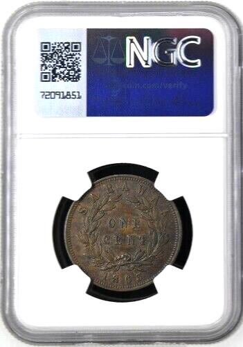 1863 Sarawak 1 Cent, NGC AU 55, KM-3 - Picture 2 of 2