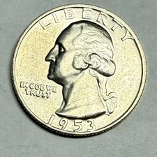 1953D WASHINGTON 90% silver quarter dollar. Satiny white very choice-gem BU. #q4