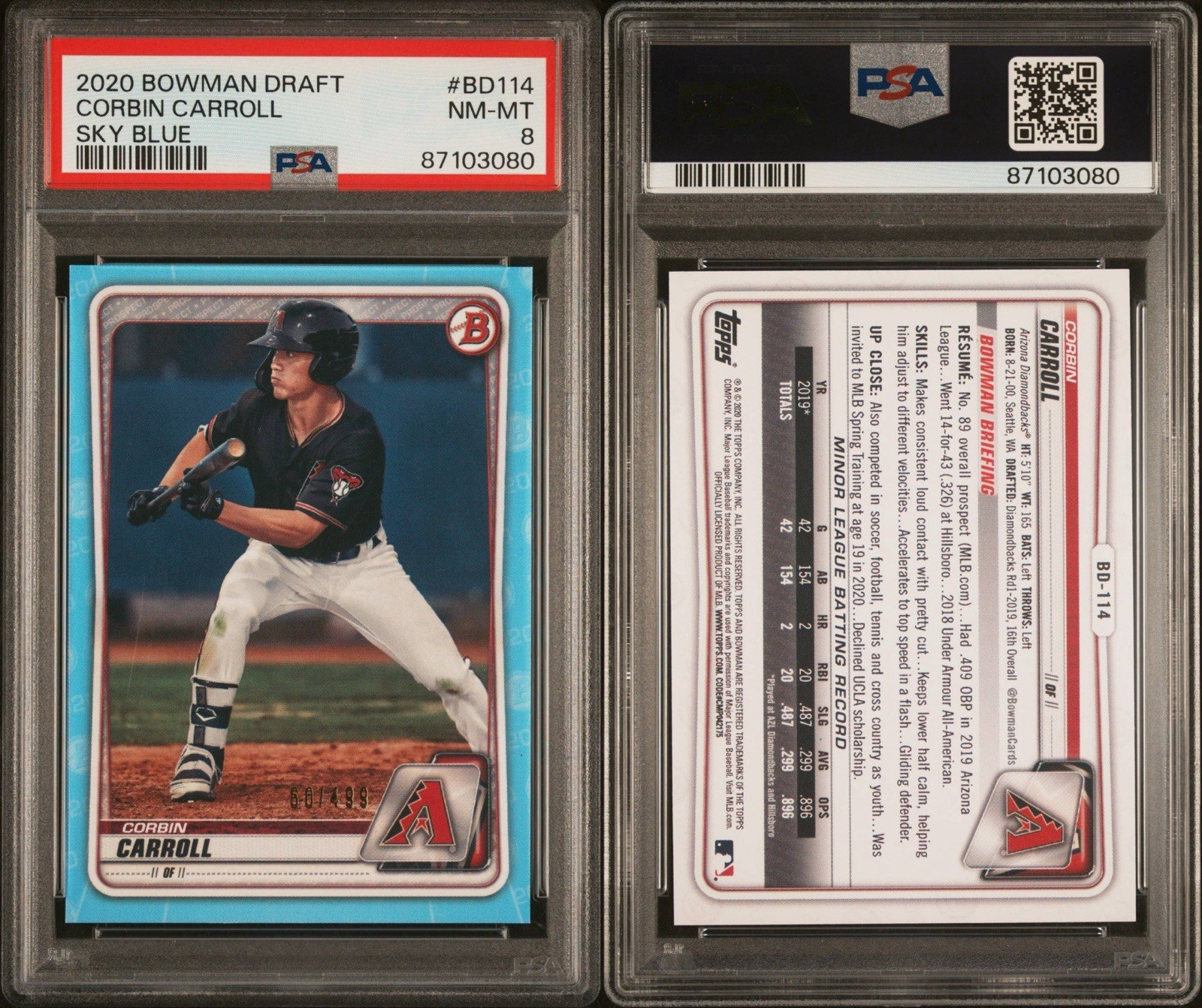 2020 Bowman Draft Sky Blue #BD114 Corbin Carroll RC PSA 8 NM-MT [60/499] view 3