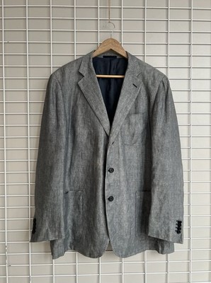 Kiton Napoli Leinen Blazer Herren Größe L/XL Grau Vintage Knopf Sakko Made...