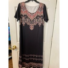 Boho Paisley Print Maxi Dress Black Short Sleeve Scoop Neck Shift Size M