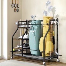 Large Double Golf Bag Storage Garage Organizer Club Golf Rack Holder with Wheels