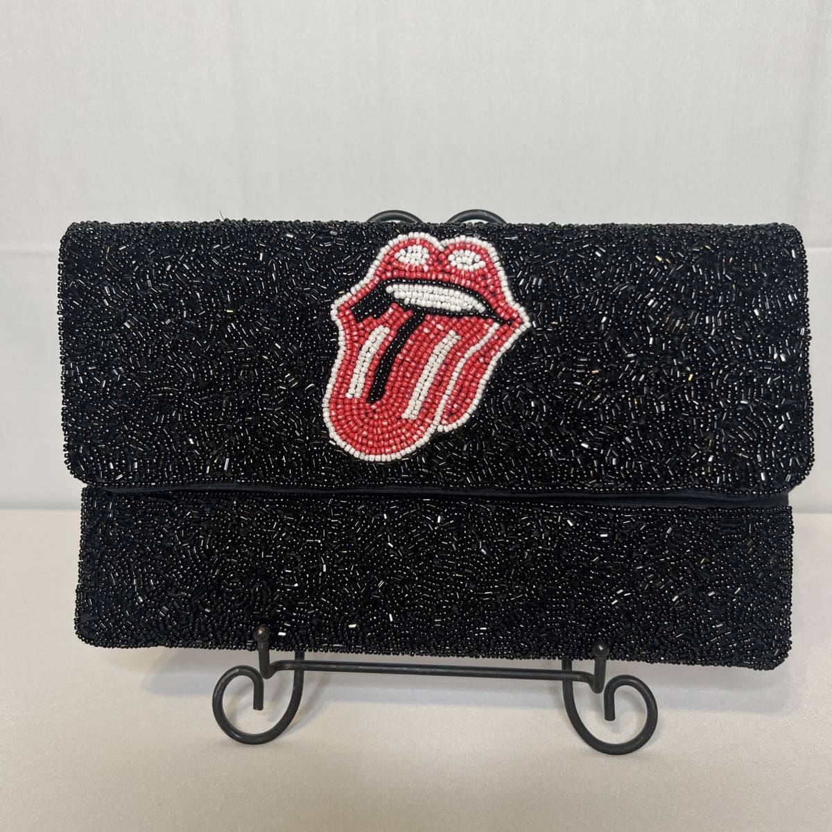 Rolling Stones Beaded Tongue Clutch – Rock & Roll Black Evening