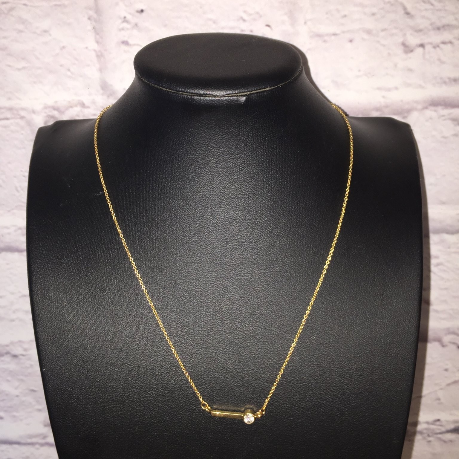 Artisan Bar Pendant Necklace Gold Tone Clear Stone Dainty Delicate SIGNED