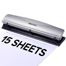 Bostitch 3 Hole Paper Punch, 15 Sheet Capacity, Metal Office Hole Puncher with C