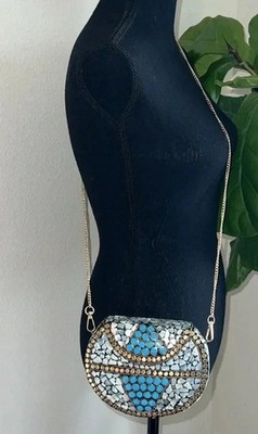 Ramla Porte-Moi  Mosaic Clutch Mother Of Pearl/Turquoise Gold Handmade NEW