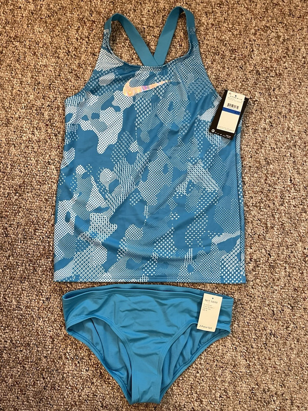 NEW Nike Girls XL 2-Piece Blue/White Camo Tankini Tank Top & Bikini Bottom