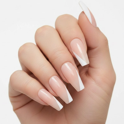 Natural Nude White French Tip Square Coffin Extra Long False Tips Press On Nails