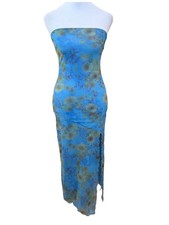 URBAN OUTFITTERS Samara Blue + Green Mesh Floral Strapless Summer Dress XS
