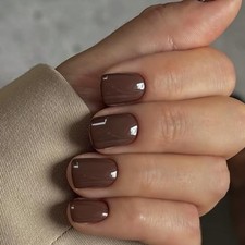 Brown Press on Nails Short Square, Glossy Short Fake Nails glossy square brown
