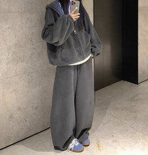 Oversized Fleece Tracksuit Set Women Dark Grey Warm Zip Hoodie Wide Pants Size L