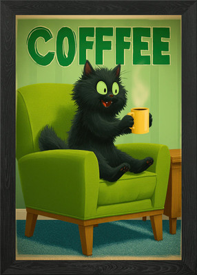 Cartoon Katze genießt Kaffee im Armc gerahmtes Wandbild Poster Leinwanddruck Bild