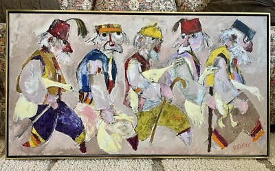 FIVE GOOSE FARMERS ACRYLIC PAINTING on Large canvas 27x49 by Jovan Obican