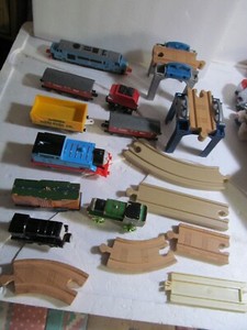 Misc 17pc Train engines/cars/Trestles/Overpass  Wood/plastic track pieces/Thomas