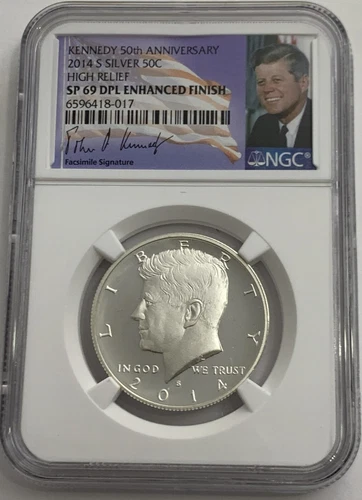 2014 S NGC SP69 DPL Enhanced Silver Kennedy Deep Proof Like 50Th Ann. Signature