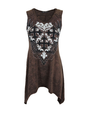 Sugar Rock Tunic Tank Shirt Shark Bite Crystal Cross Wings in Brown Mineral Wash