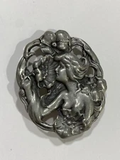Vintage MARKED HUDSON PEWTER Art Nouveau Style Brooch/Pin/Pendant Woman Flowers